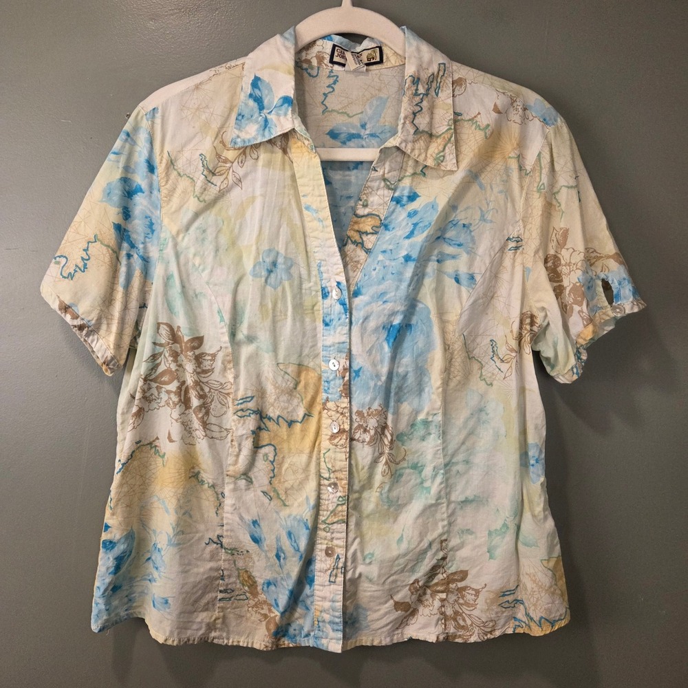 Vintage Caribbean Joe 100% Cotton Floral Print Short Sleeve Button Up Women's L